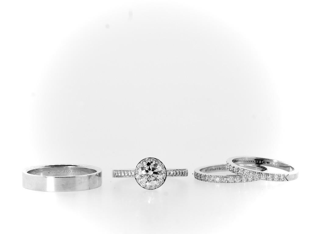 Tiffany & Co set: Diamond Soleste Platinum Ring, matching Dia Bands & gents band For Sale 5