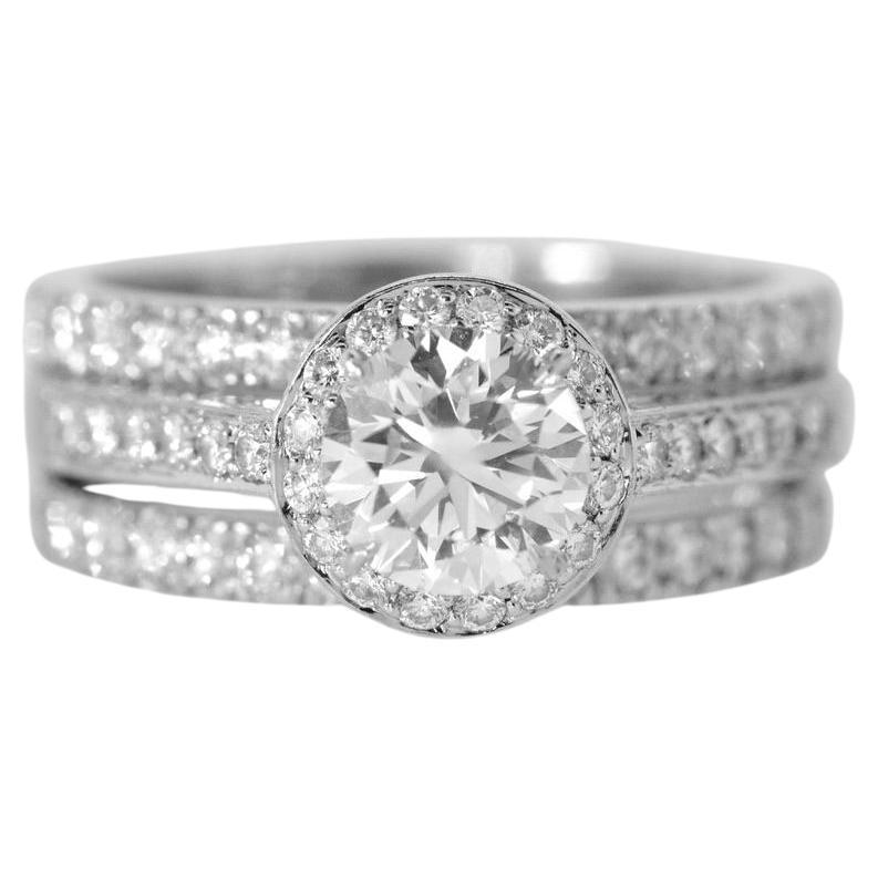 Women's or Men's Tiffany & Co set: Diamond Soleste Platinum Ring, matching Dia Bands & gents band For Sale