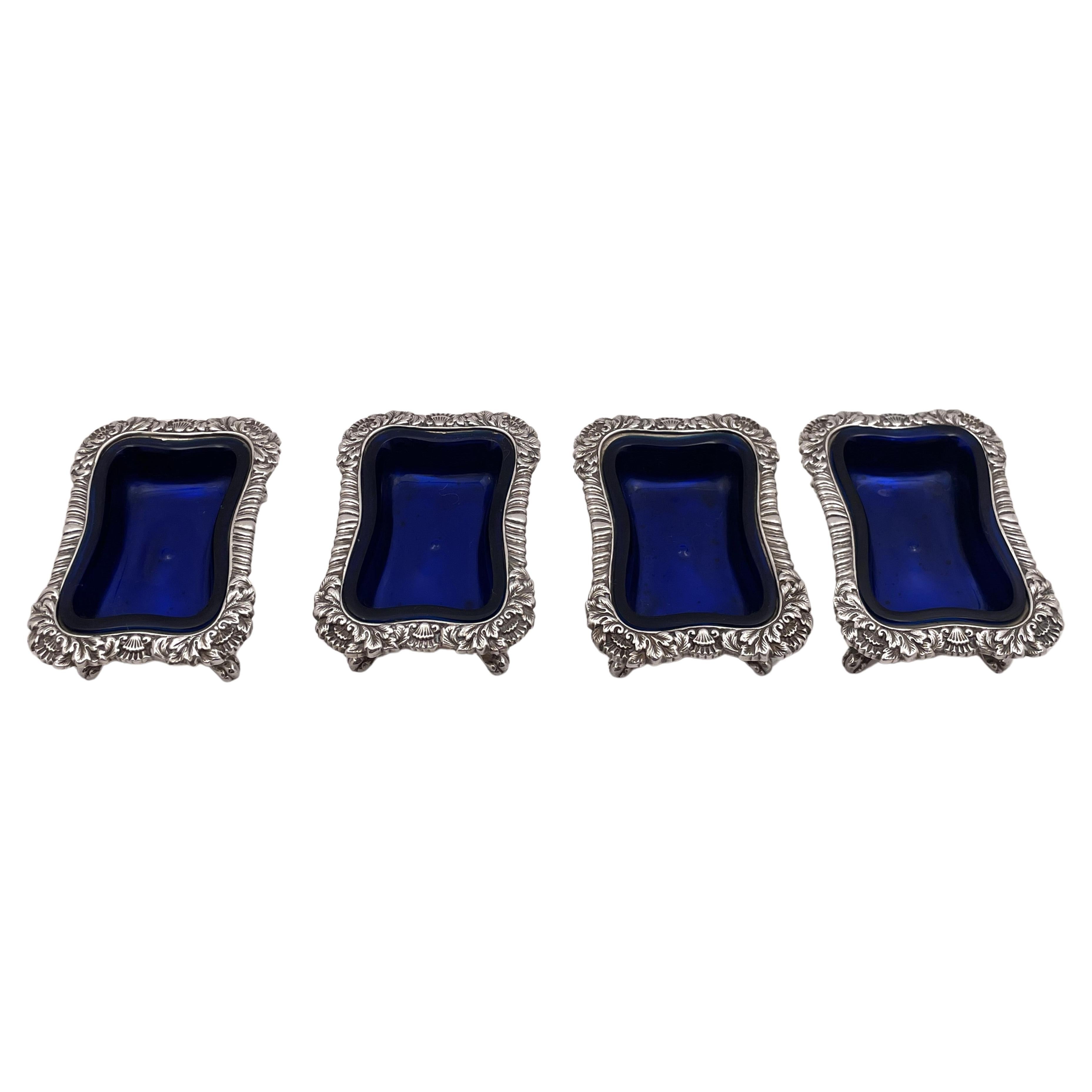 Tiffany & Co. Set of 4 Sterling Silver 1879 Open Salt Cellars with Blue Liners