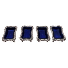 Antique Tiffany & Co. Set of 4 Sterling Silver 1879 Open Salt Cellars with Blue Liners