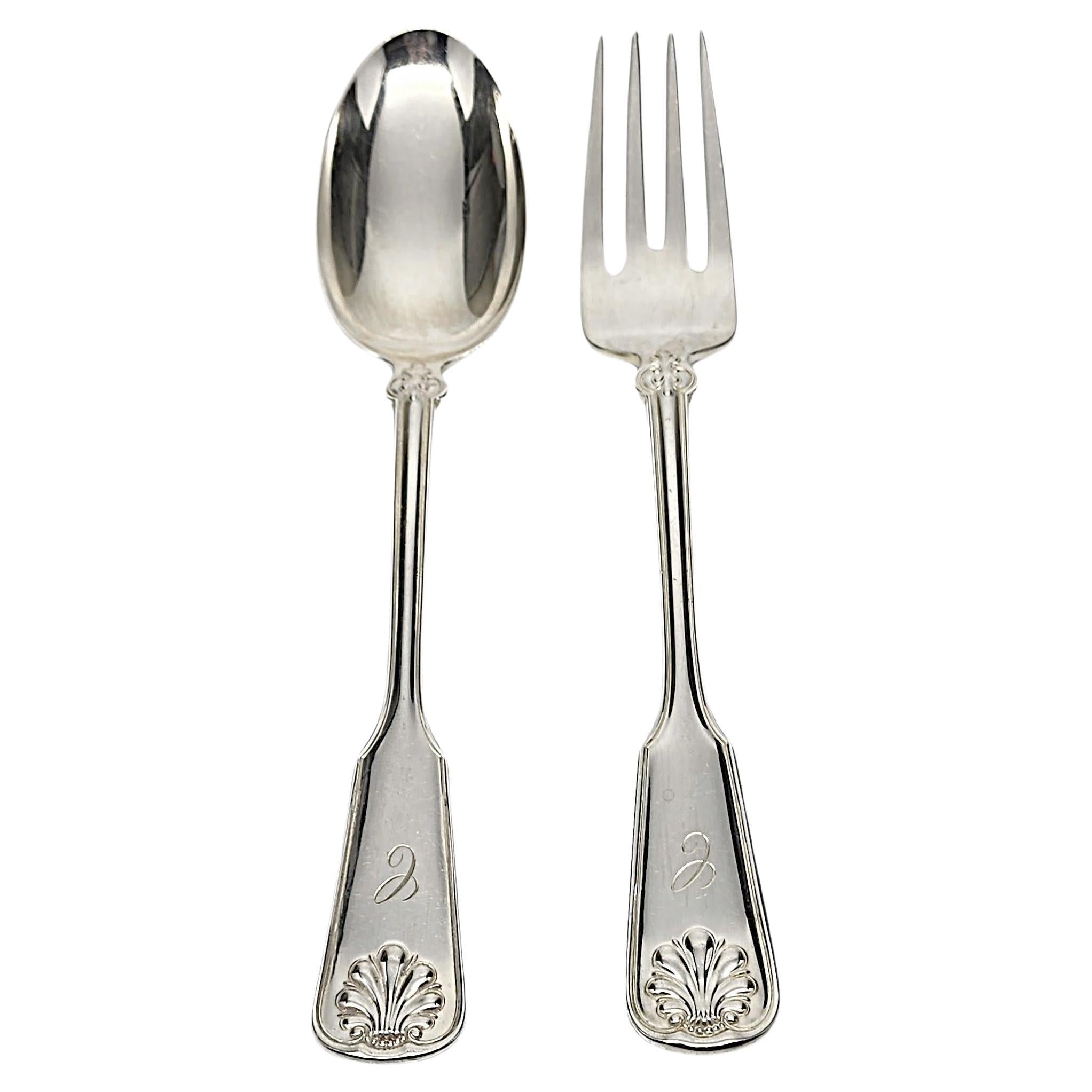 Tiffany & Co Shell Thread Sterling Silver Serving Fork and Spoon w/mono #15396 For Sale
