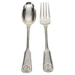 Tiffany & Co Shell Thread Sterling Silver Serving Fork and Spoon w/mono #15396