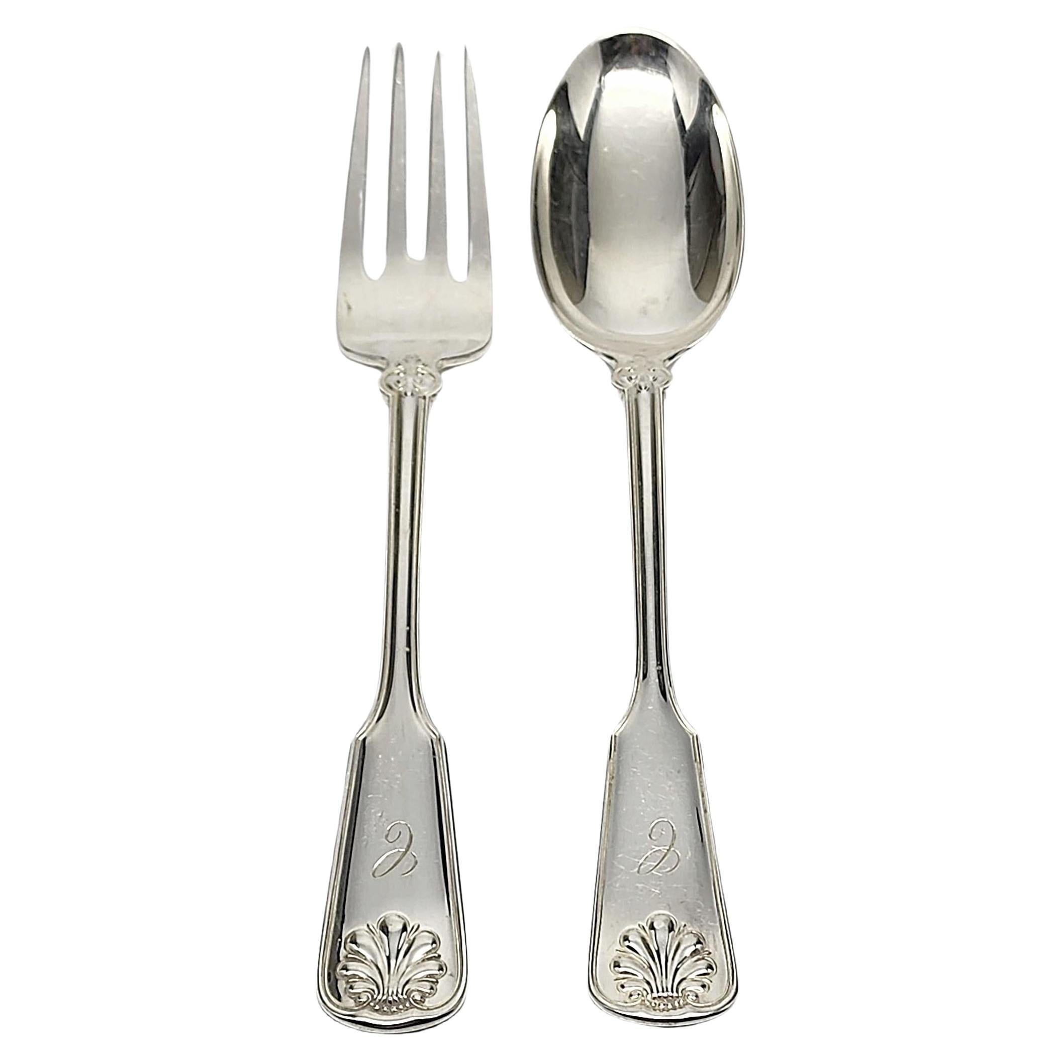Tiffany & Co Shell Thread Sterling Silver Serving Fork and Spoon w/mono #15397 For Sale