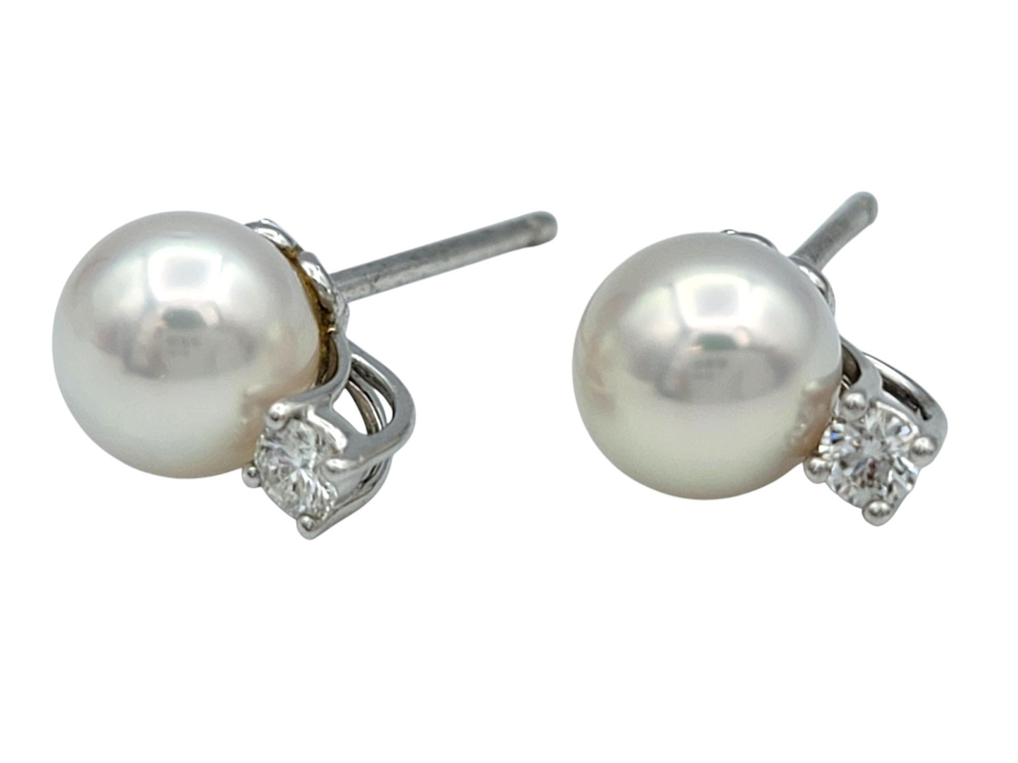Round Cut Tiffany & Co. Signature Pearl Stud Earrings with Diamonds in 18 Karat White Gold For Sale