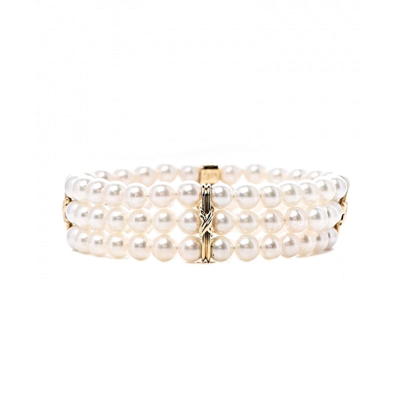 Taglio rotondo Tiffany & Co. Bracciale a tre fili con perle Akoya Signature X in oro giallo 18 carati in vendita
