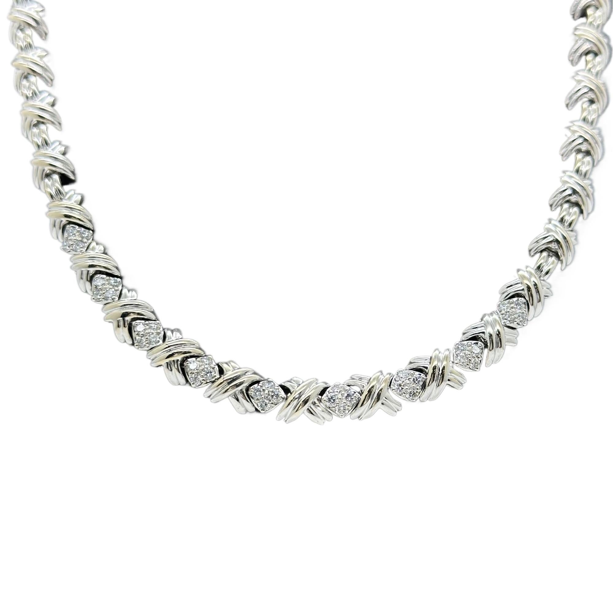 Round Cut Tiffany & Co. Signature X Diamond Necklace in 18kt White Gold For Sale