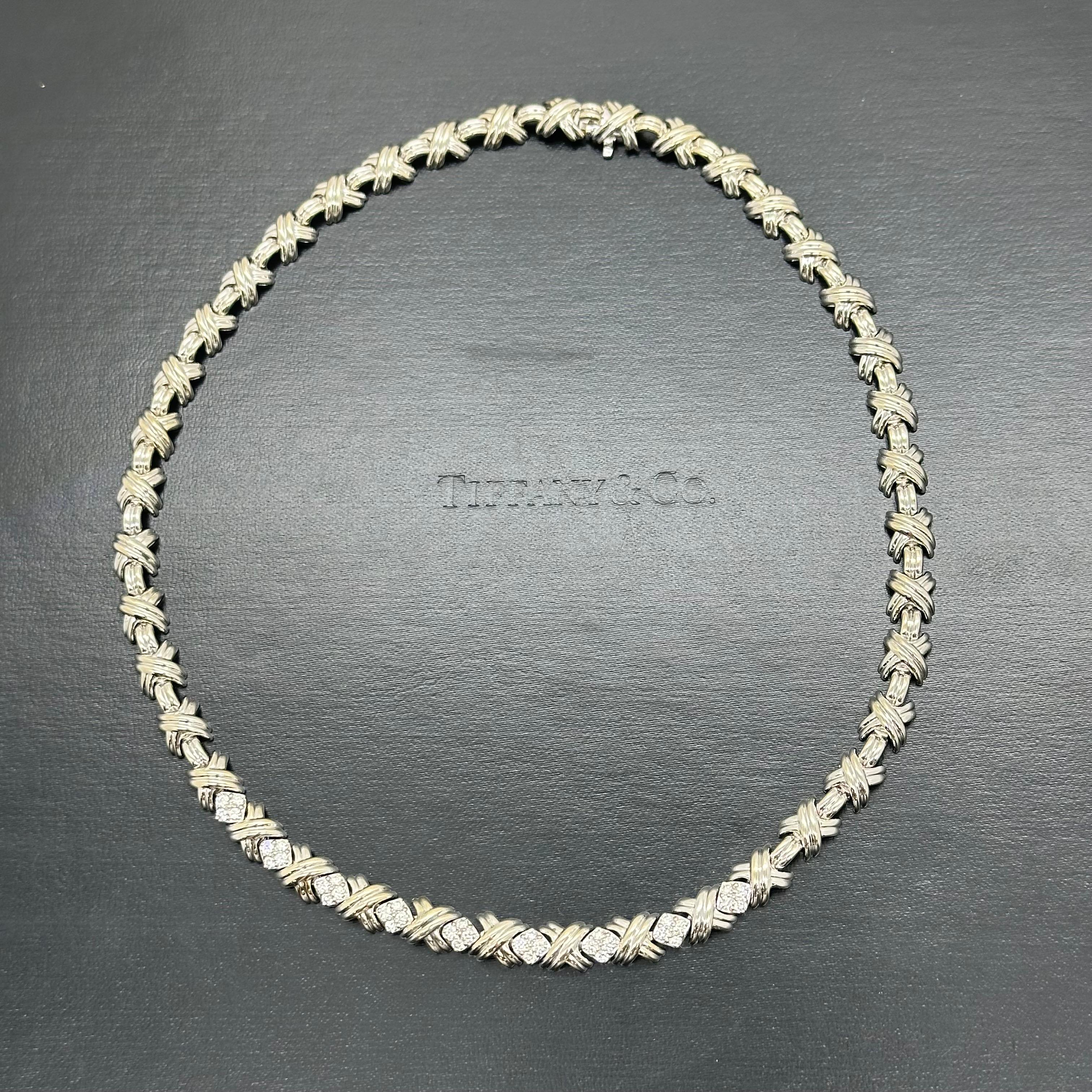 Round Cut Tiffany & Co. Signature X Diamond Necklace in 18kt White Gold For Sale
