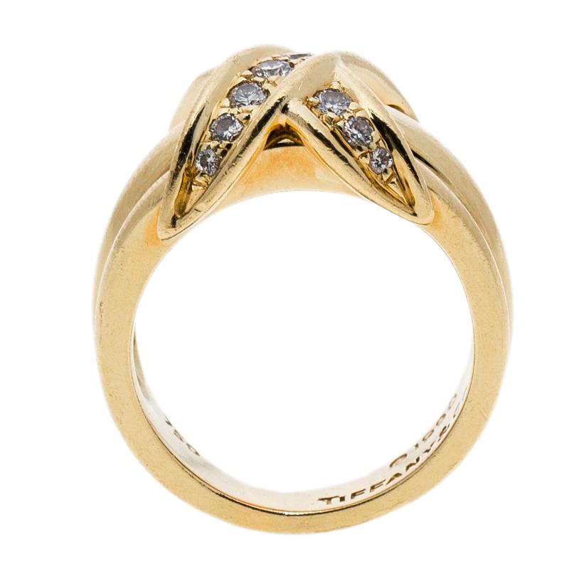 Contemporary Tiffany & Co. Signature X Kiss Diamond & 18k Yellow Gold Ring Size 53