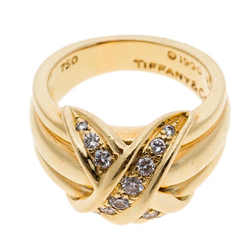 Tiffany & Co. Signature X Kiss Diamond & 18k Yellow Gold Ring Size 53 In Fair Condition In Dubai, Al Qouz 2