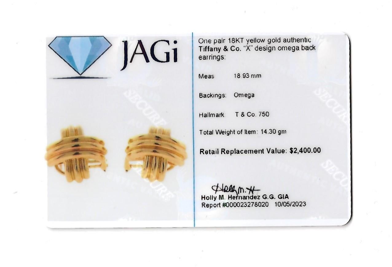 Tiffany & Co. Signature 'X' Omega Back Stud Earrings in 18 Karat Yellow Gold For Sale 3