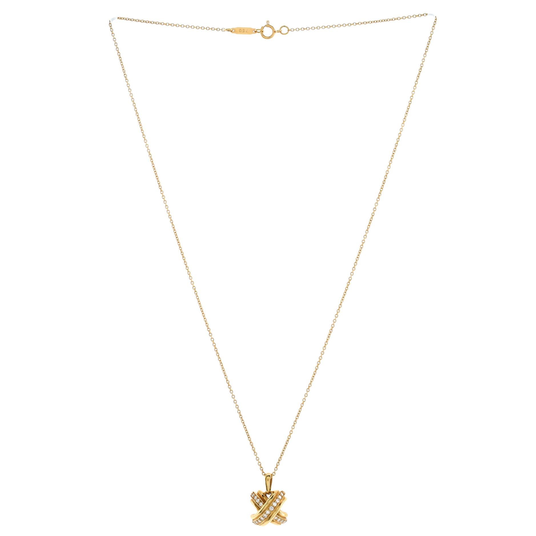 Tiffany & Co. Signature X Pendant Necklace 18K Yellow Gold with Diamonds In Good Condition In New York, NY