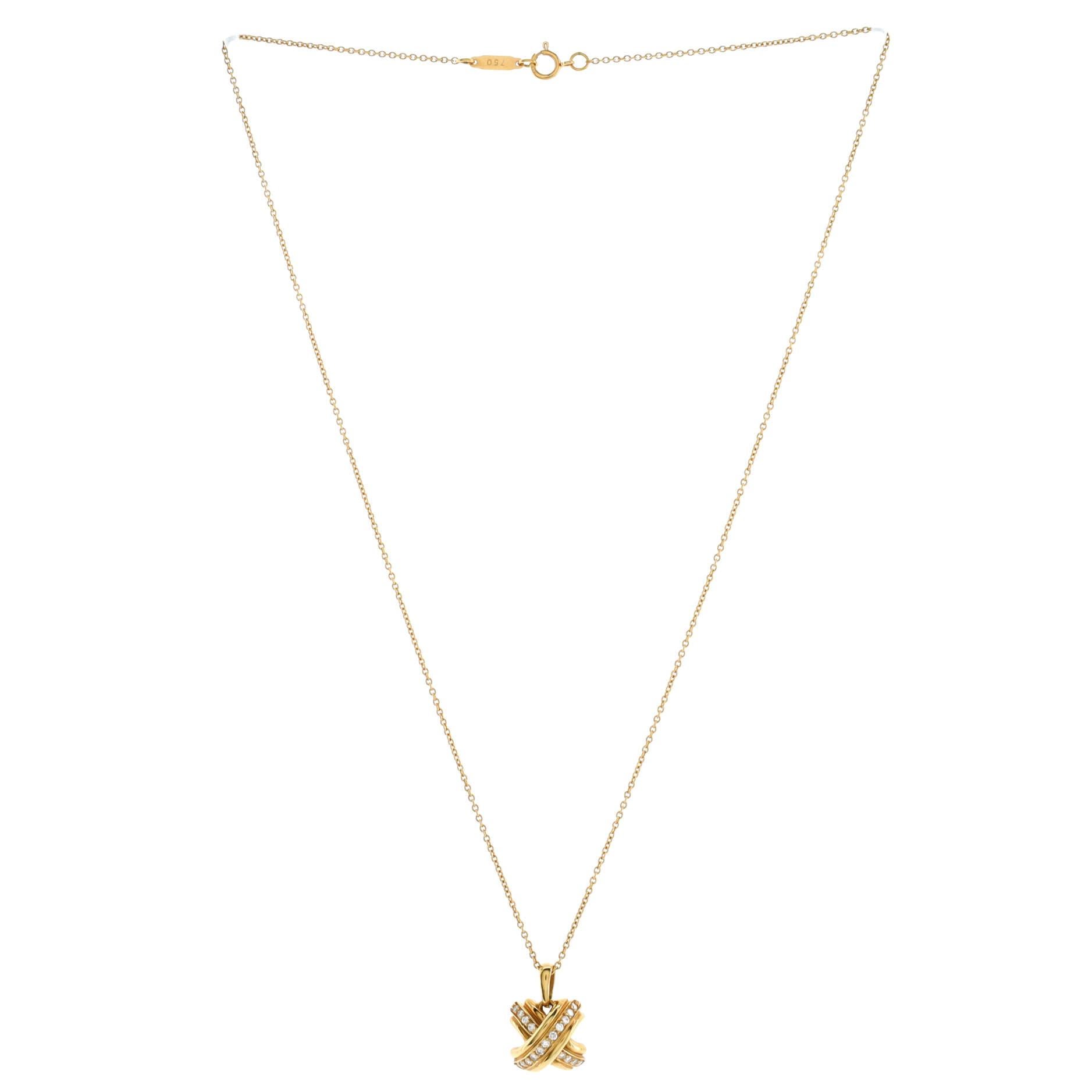 Tiffany & Co. Signatur X Anhänger Halskette 18K Gelbgold mit Diamanten im Zustand „Gut“ in New York, NY
