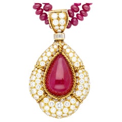 Tiffany & Co. Signed 22.41 Carat No Heat Cabochon Ruby and Ruby Bead Necklace