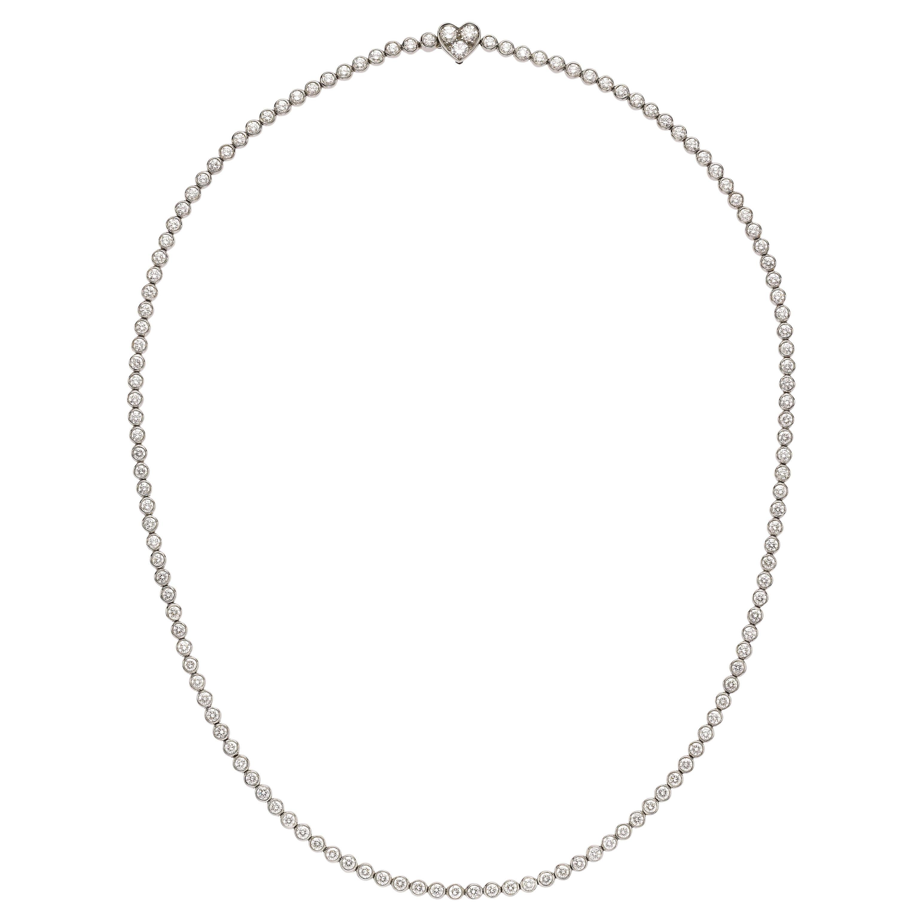 Tiffany & Co. Signed Diamond & Platinum Tennis Necklace with Heart-shaped Clasp