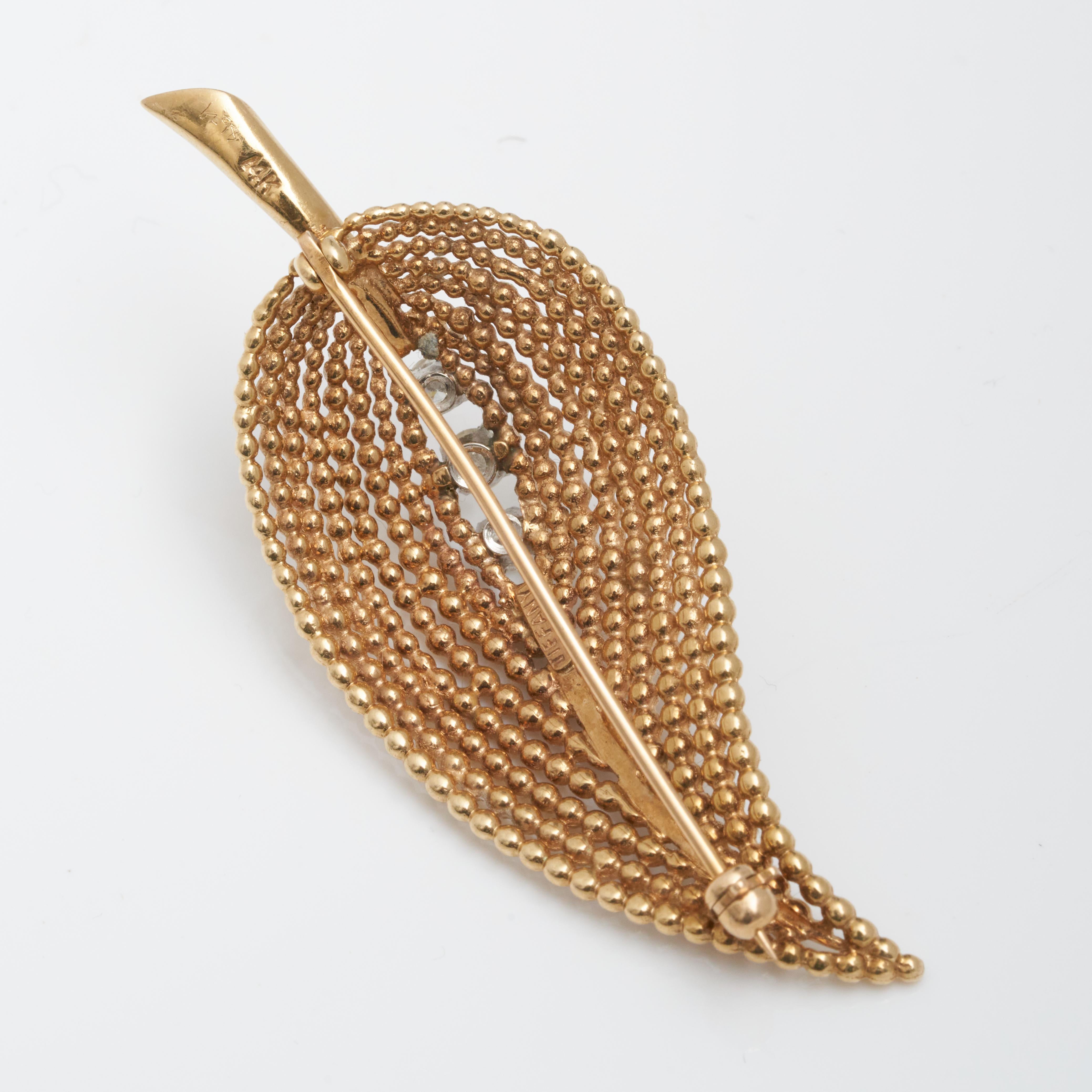 Round Cut Tiffany & Co Signed Gold and Diamond Leaf Brooch