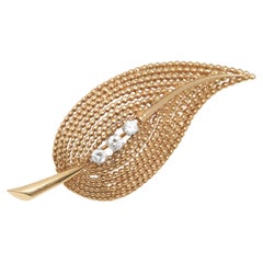 Tiffany & Co Signed Gold and Diamond Leaf Brooch