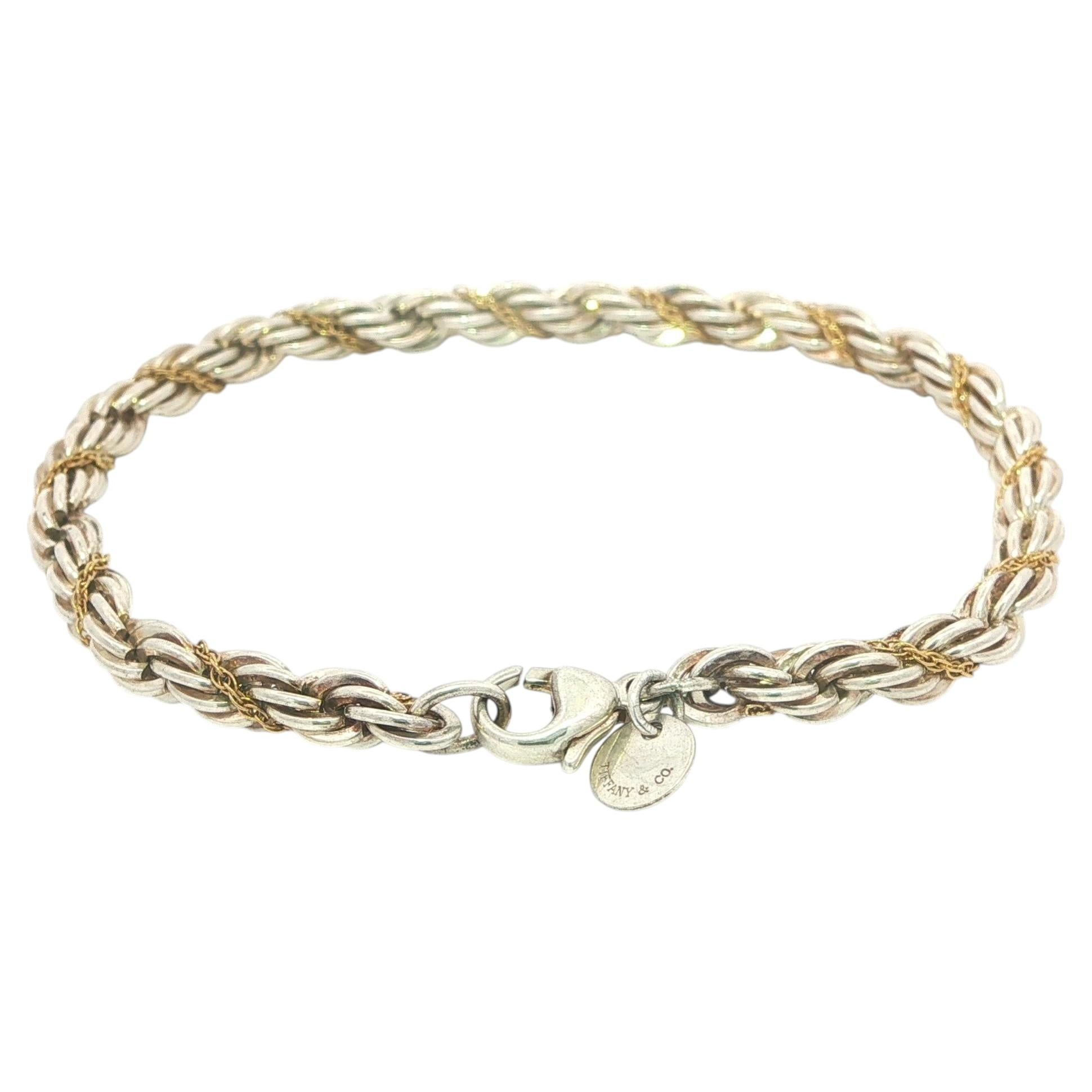 Tiffany & Co. Silver & 18k Yellow Gold Braided Rope Link Chain Bracelet