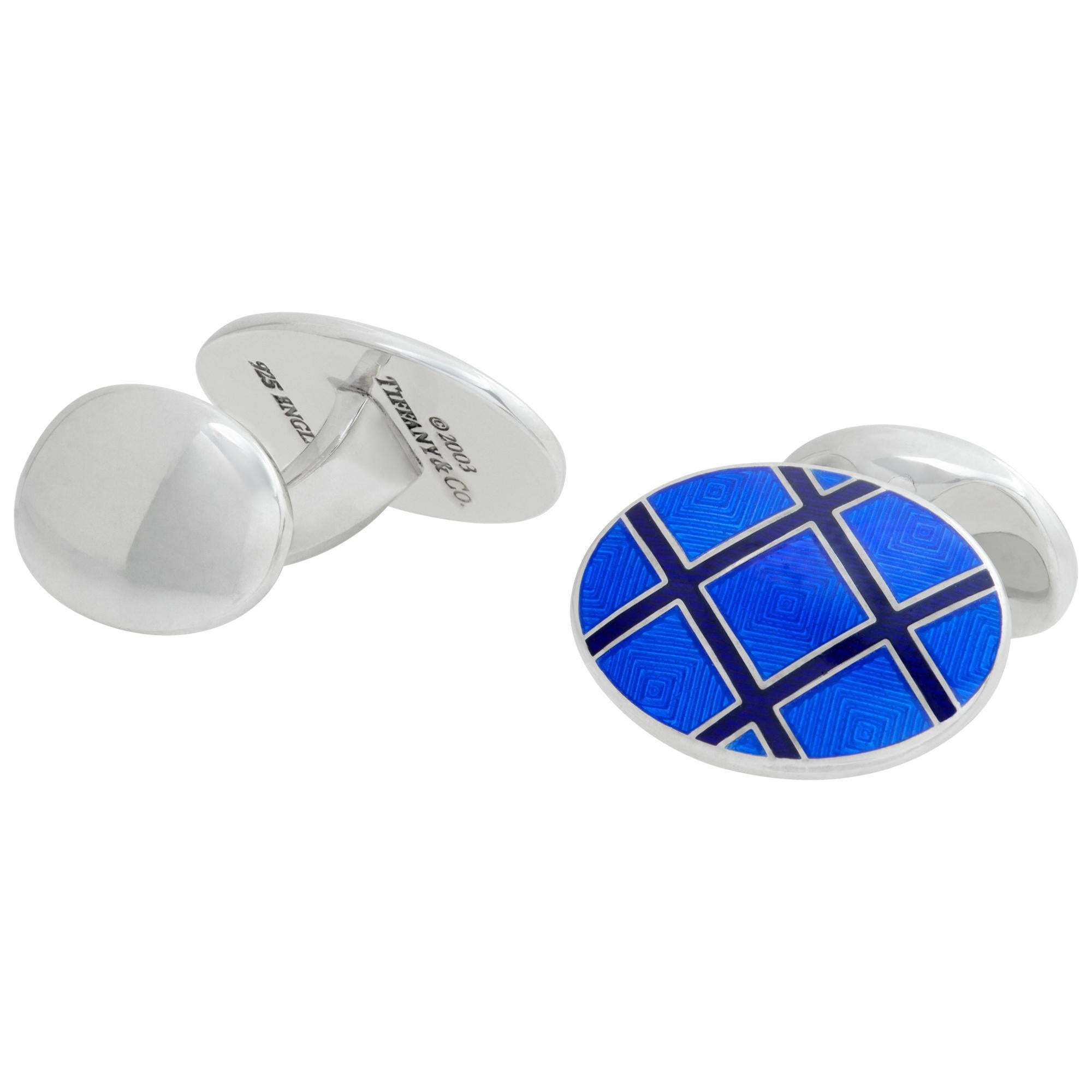 Tiffany & Co. Silver Cufflinks with Blue & Black Enamel Cross Pattern In Excellent Condition For Sale In Surfside, FL