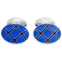 Tiffany & Co. Silver Cufflinks with Blue & Black Enamel Cross Pattern