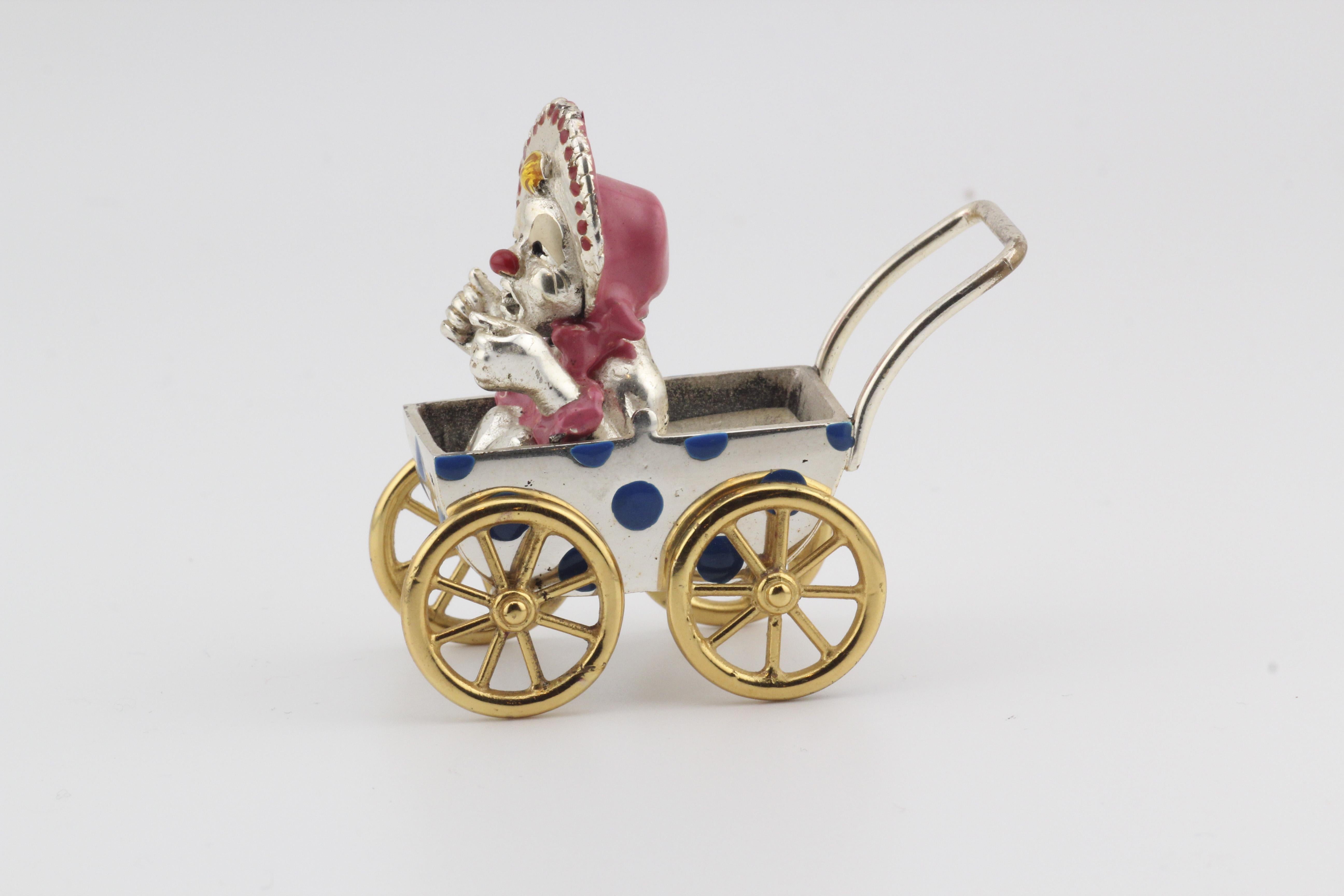 Tiffany & Co. Silver & Enamel Circus Clown Mother & Baby in Carriage Figurine 7