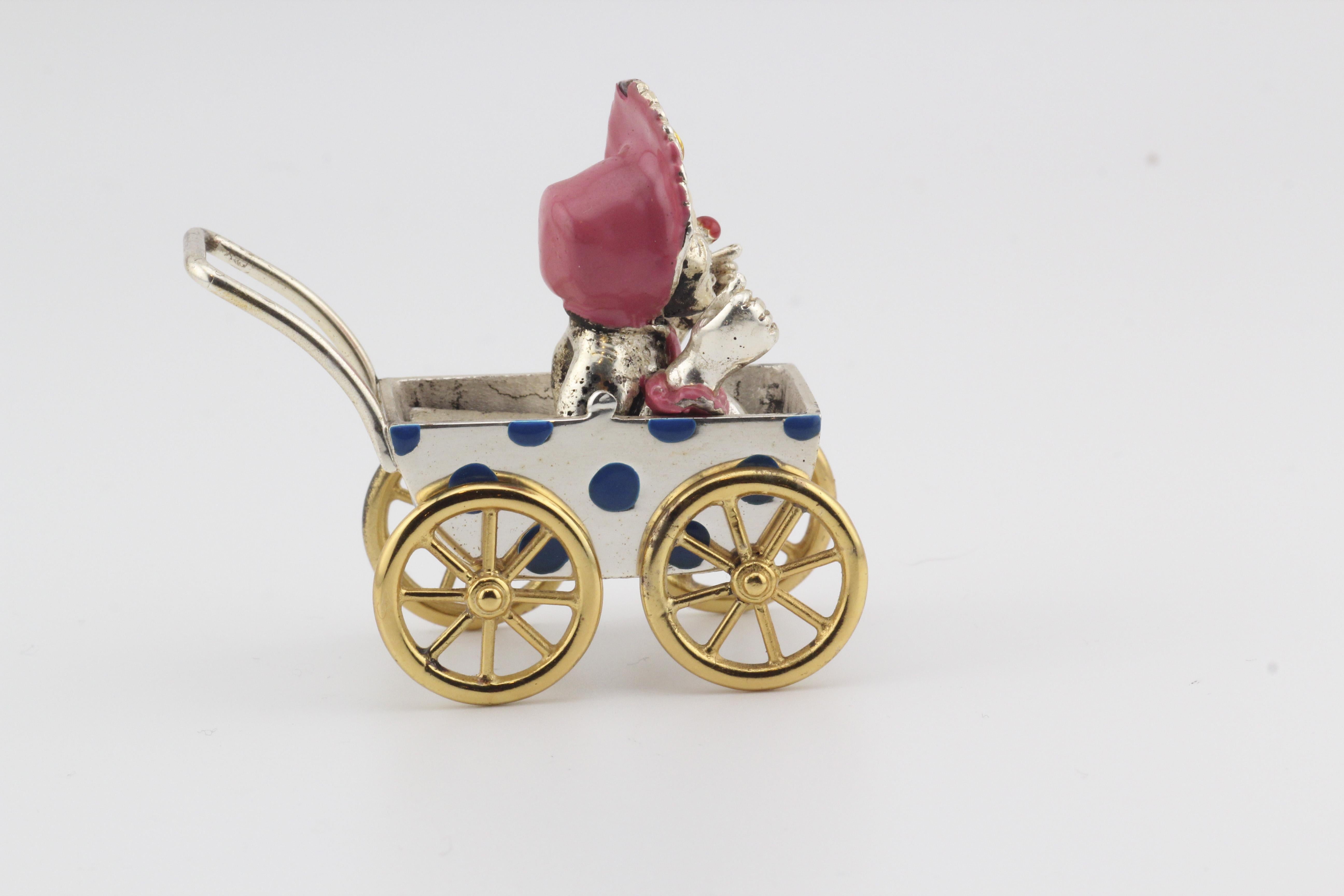 Tiffany & Co. Silver & Enamel Circus Clown Mother & Baby in Carriage Figurine 9