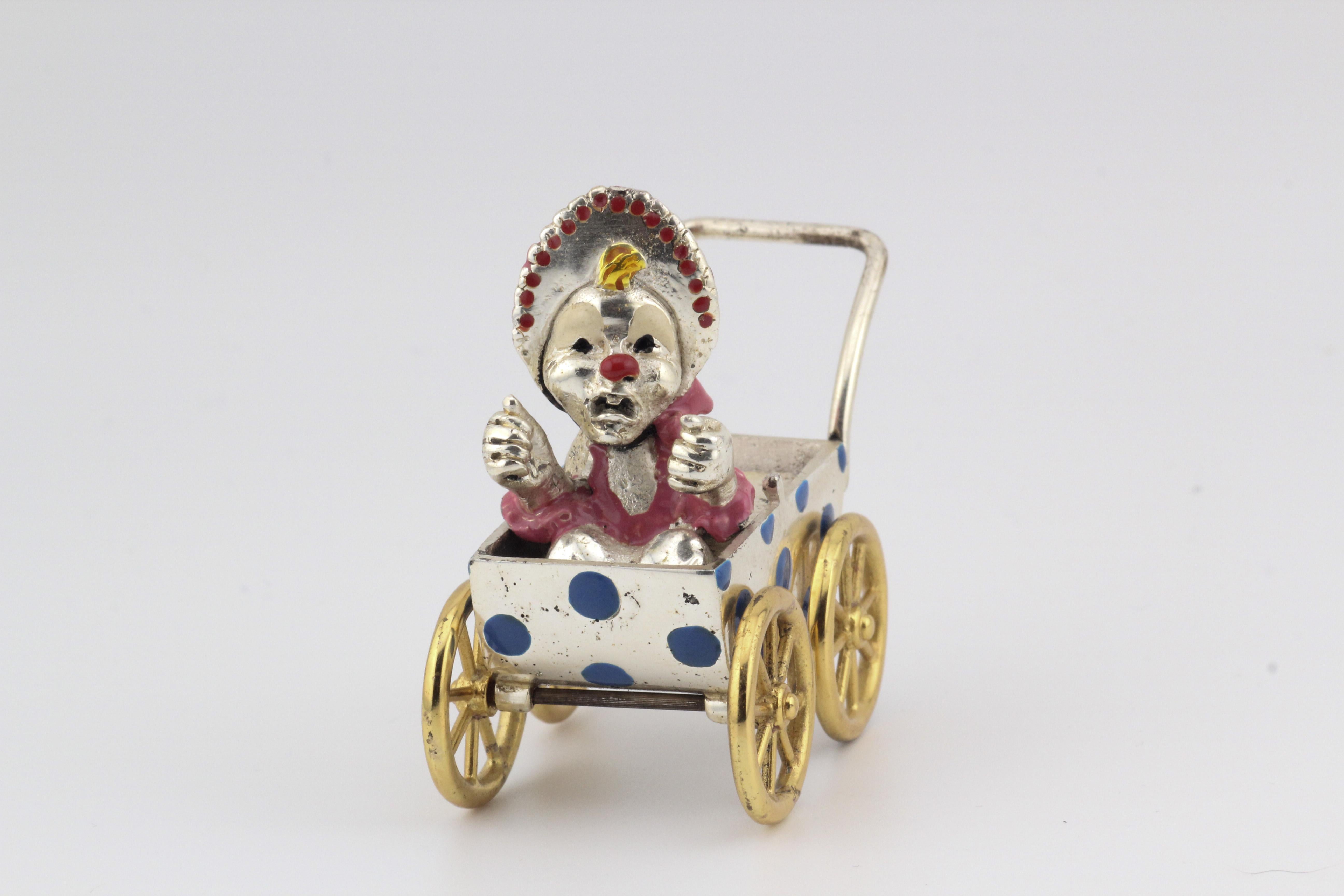 Tiffany & Co. Silver & Enamel Circus Clown Mother & Baby in Carriage Figurine 2