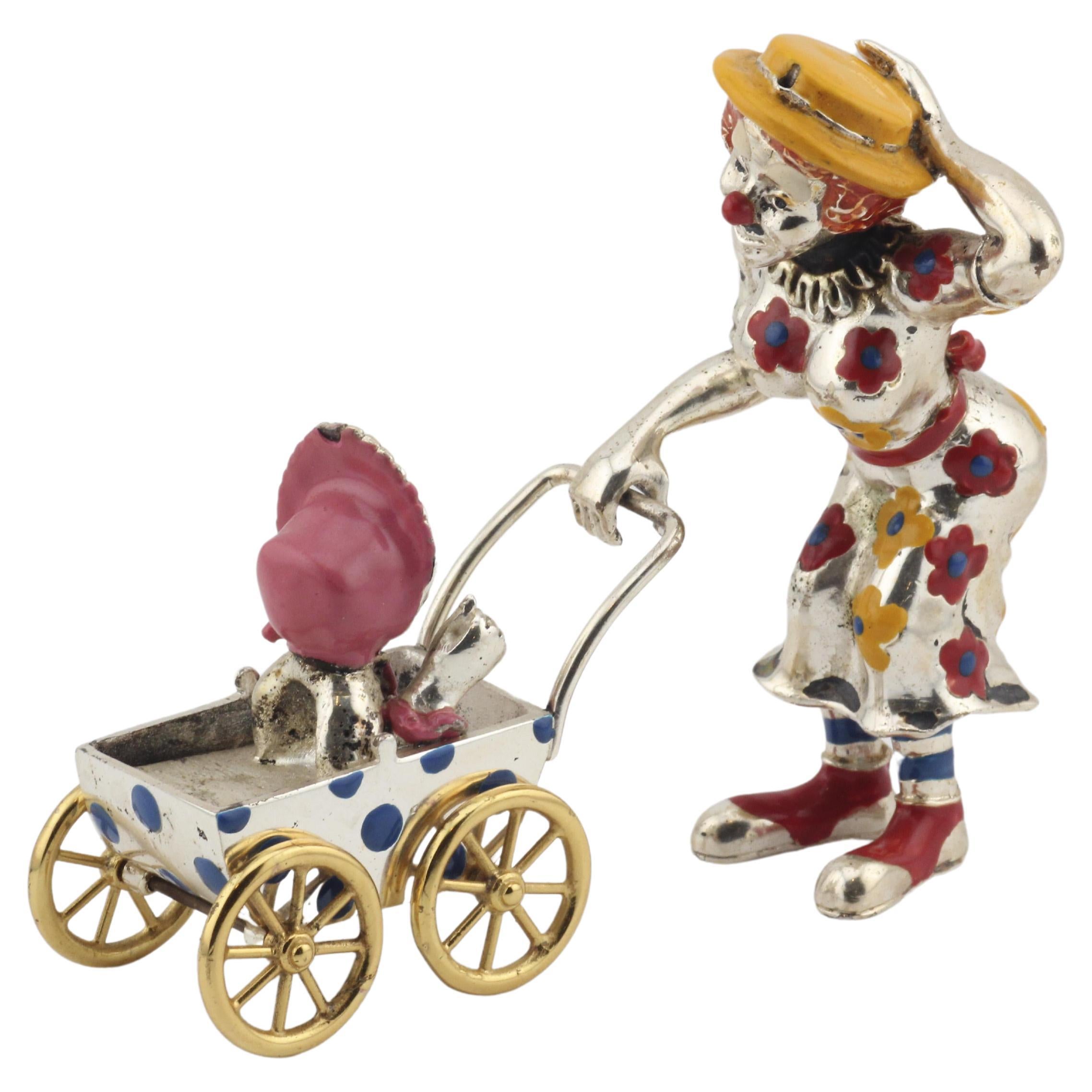 Tiffany & Co. Silver & Enamel Circus Clown Mother & Baby in Carriage Figurine