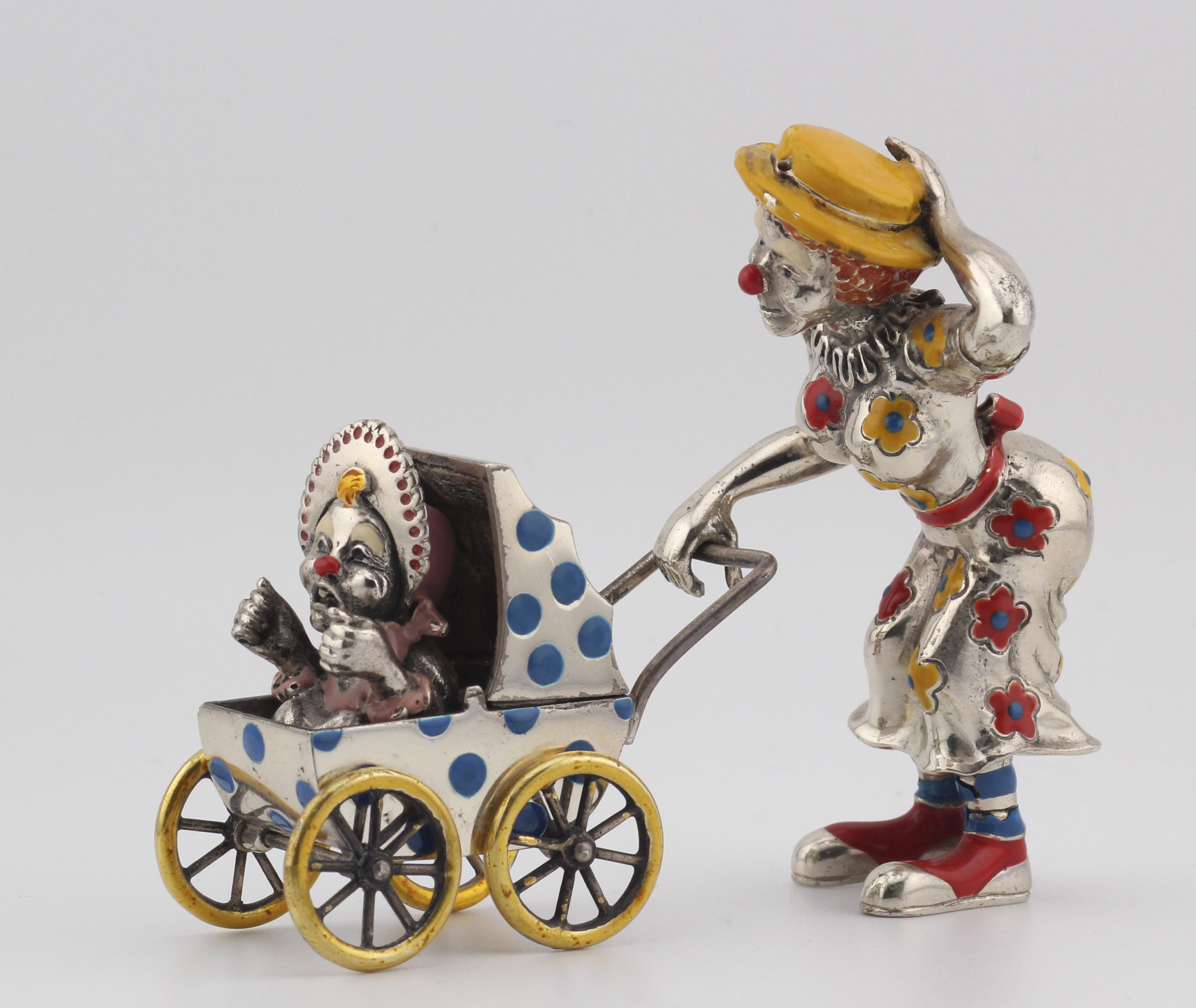 Tiffany & Co.  Silver Enamel Circus Clown Mother w/ Baby in Carriage Figurine For Sale 6
