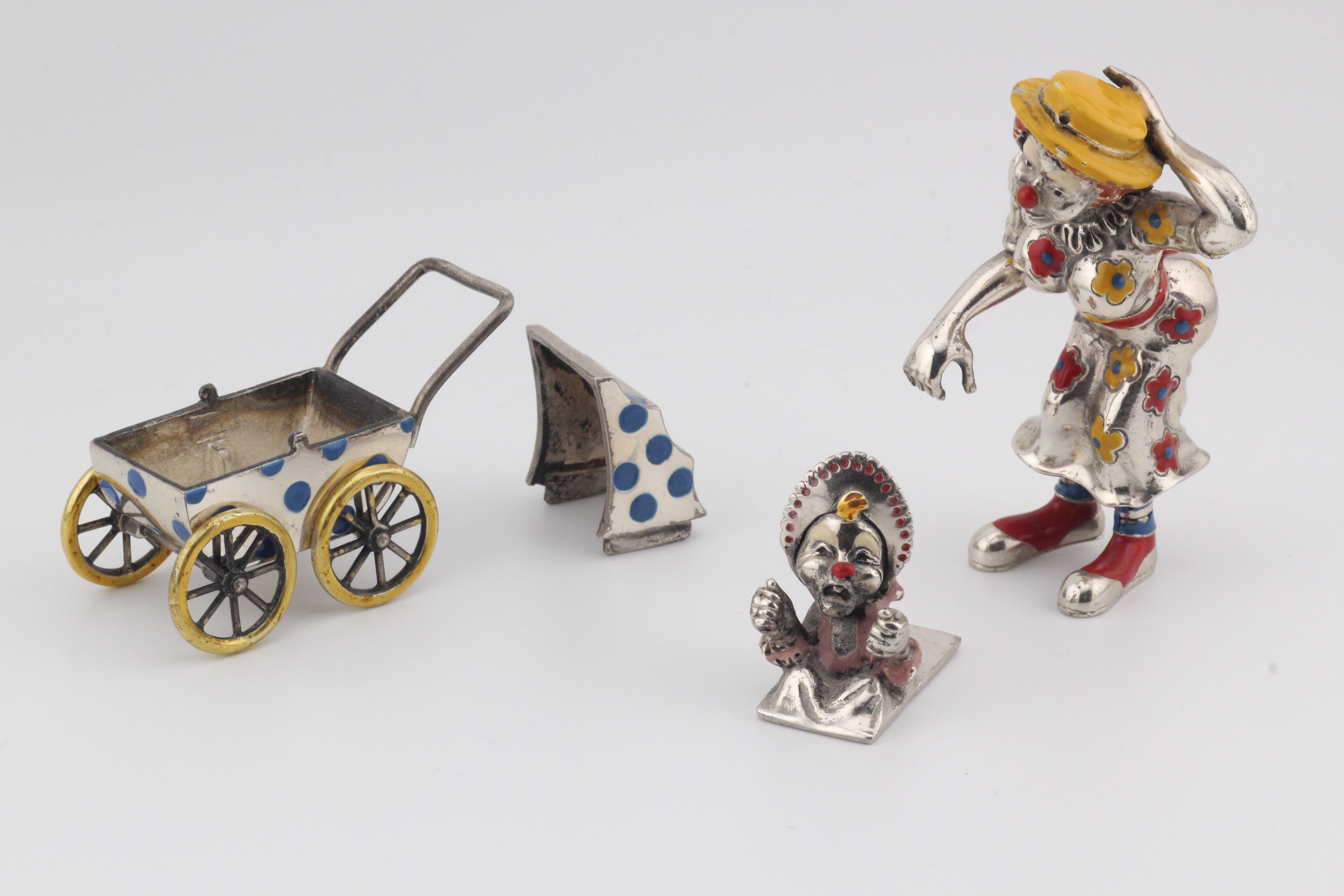 Tiffany & Co.  Silver Enamel Circus Clown Mother w/ Baby in Carriage Figurine For Sale 9