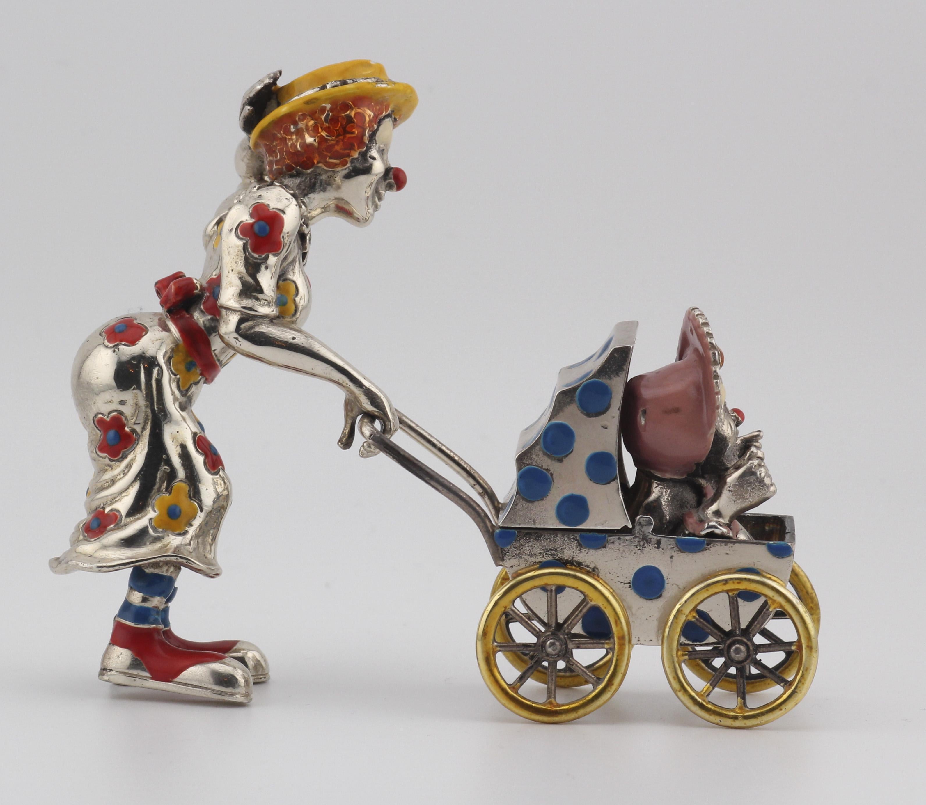 Tiffany & Co.  Silver Enamel Circus Clown Mother w/ Baby in Carriage Figurine In Good Condition For Sale In Bellmore, NY