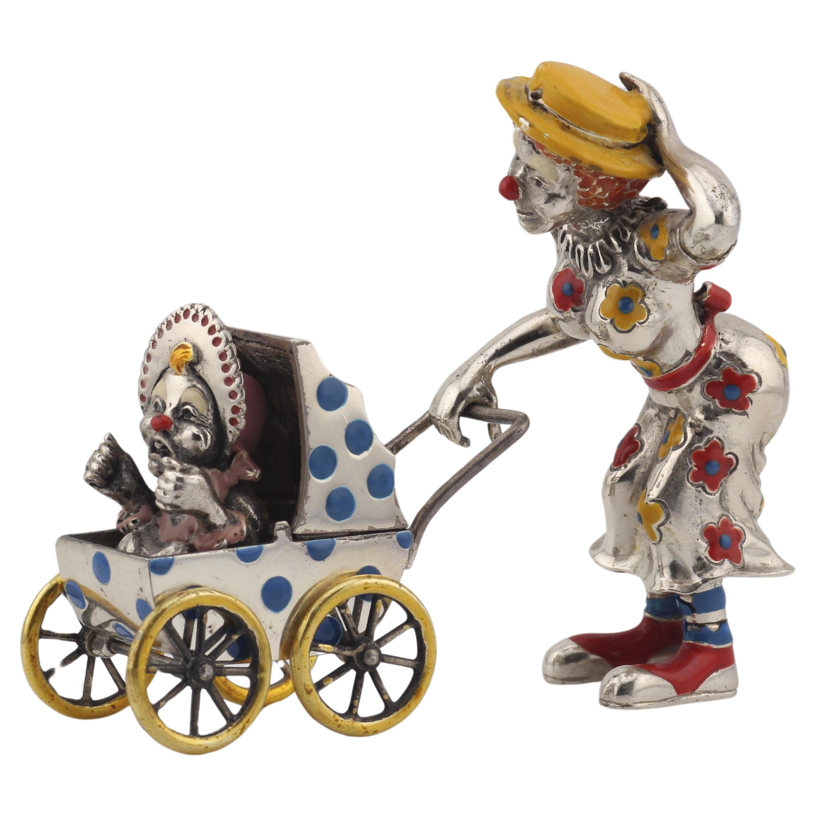 Tiffany & Co.  Silver Enamel Circus Clown Mother w/ Baby in Carriage Figurine