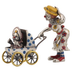 Retro Tiffany & Co.  Silver Enamel Circus Clown Mother w/ Baby in Carriage Figurine