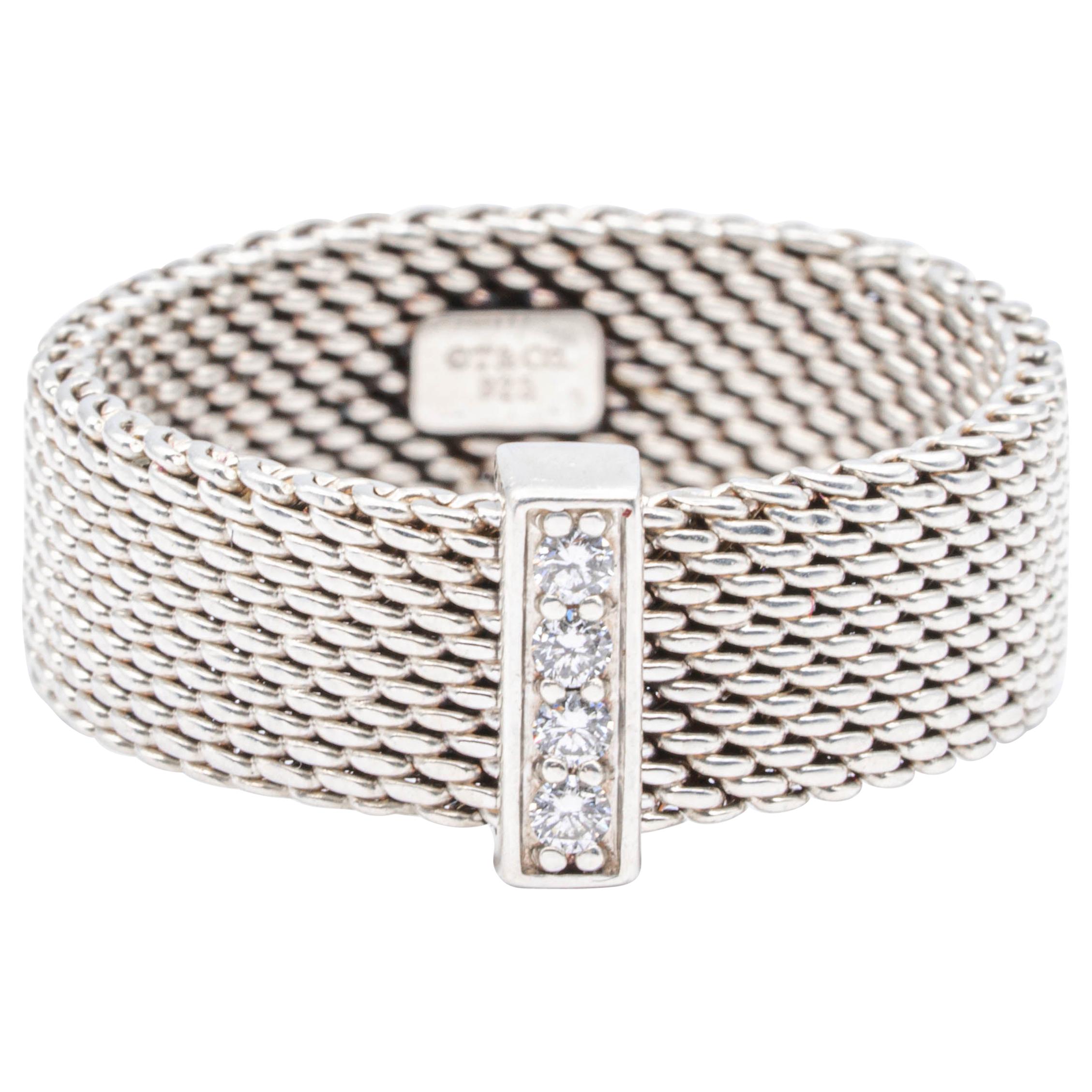Tiffany & Co. Silver Mesh Somerset Band Ring with 4 Diamonds