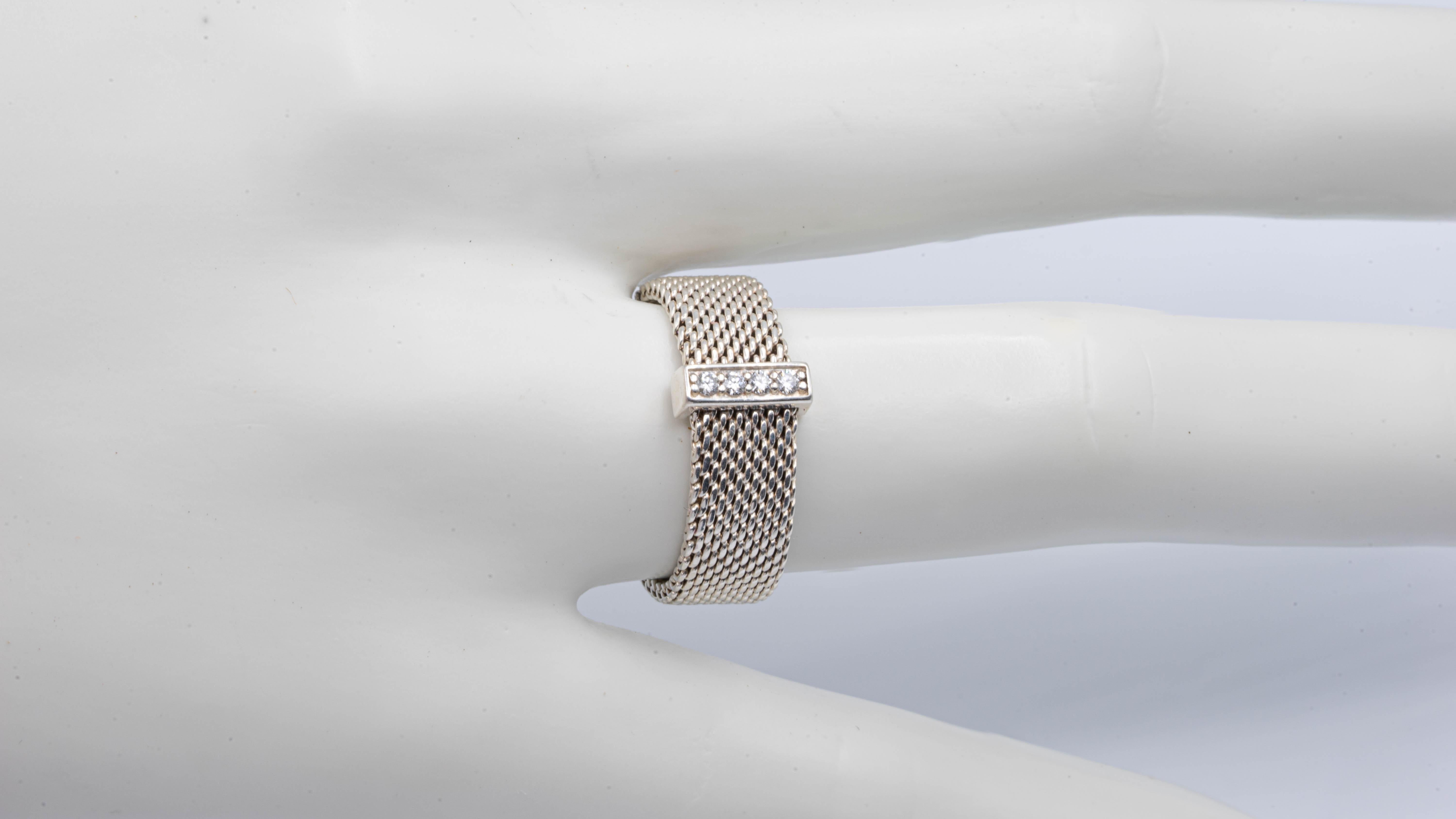 Modern Tiffany & Co. Silver Mesh Somerset Band Ring with 4 Diamonds