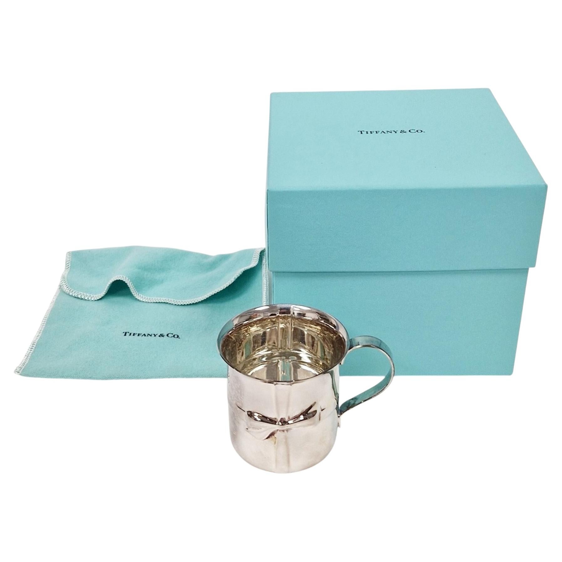 Tiffany & Co silver mug childs christening mug gift tied ribbon decoration For Sale