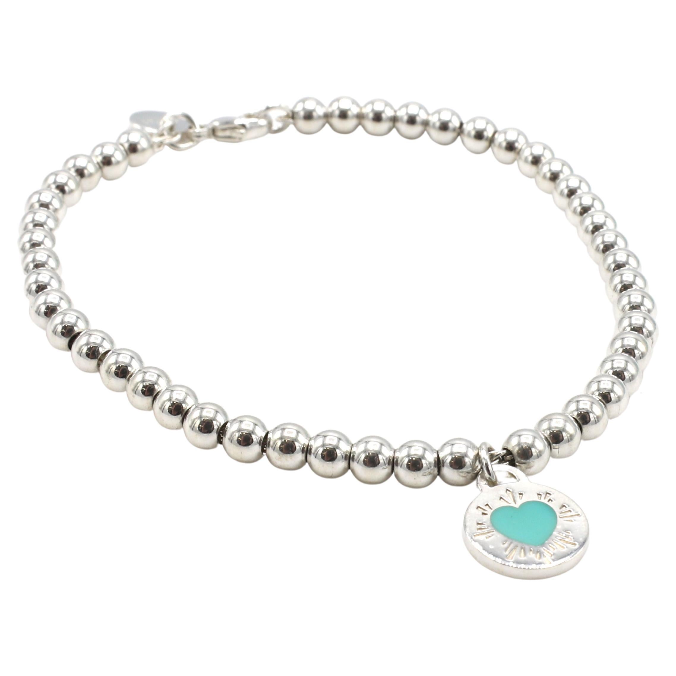 Tiffany & Co. Silver Return to Tiffany Blue Enamel Disc Heart Charm Bracelet 