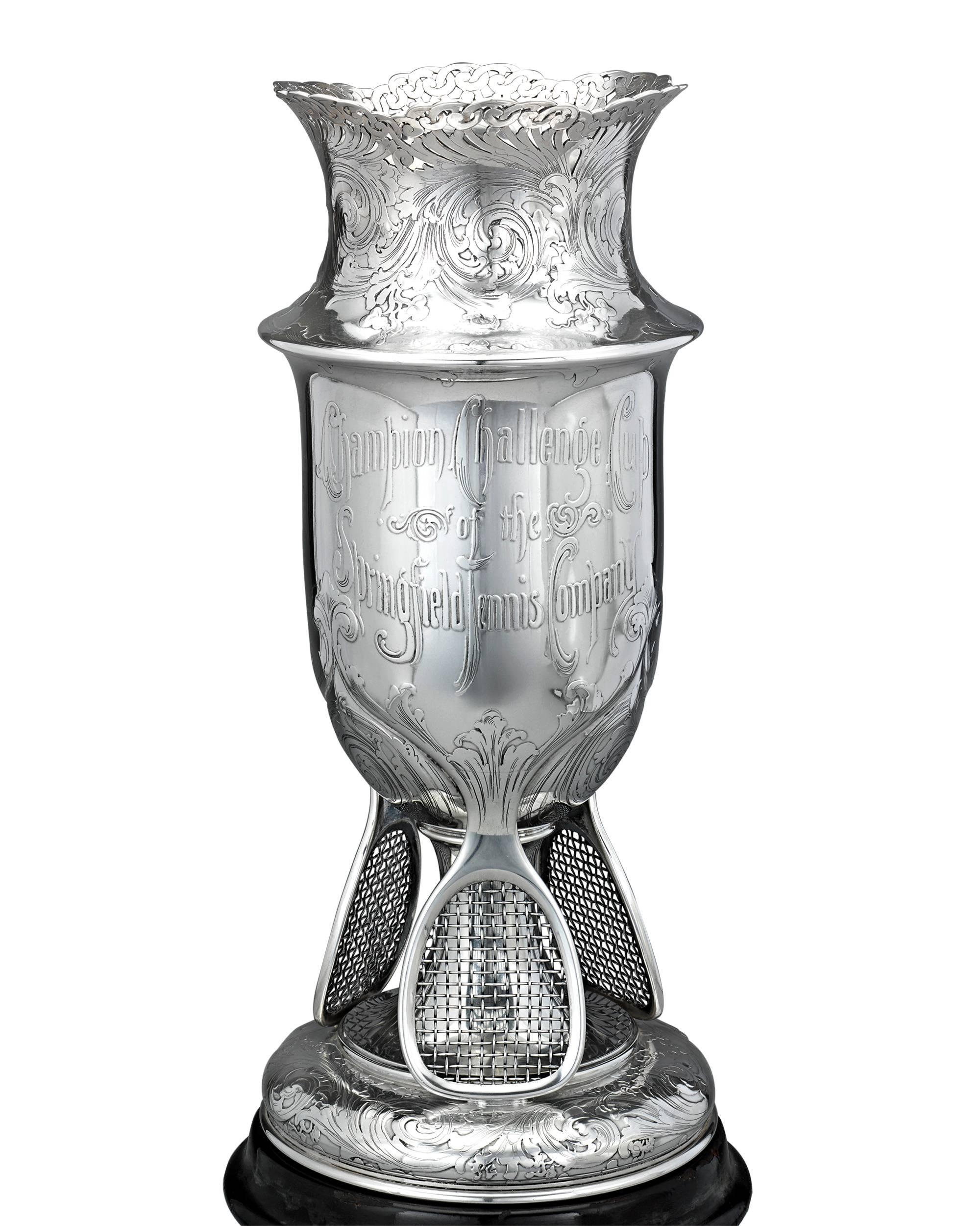 This magnificent sterling silver trophy cup was crafted by the imitable Tiffany & Co. and presented to Frederick H. Gillett, a Massachusetts Senator and four-time winner of the Champion Challenge Cup of the Springfield Tennis Company. The urn-form