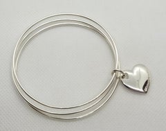 Tiffany Co Silver Trio Bangle Bracelet with Engravable Heart Charm, 24 Grams