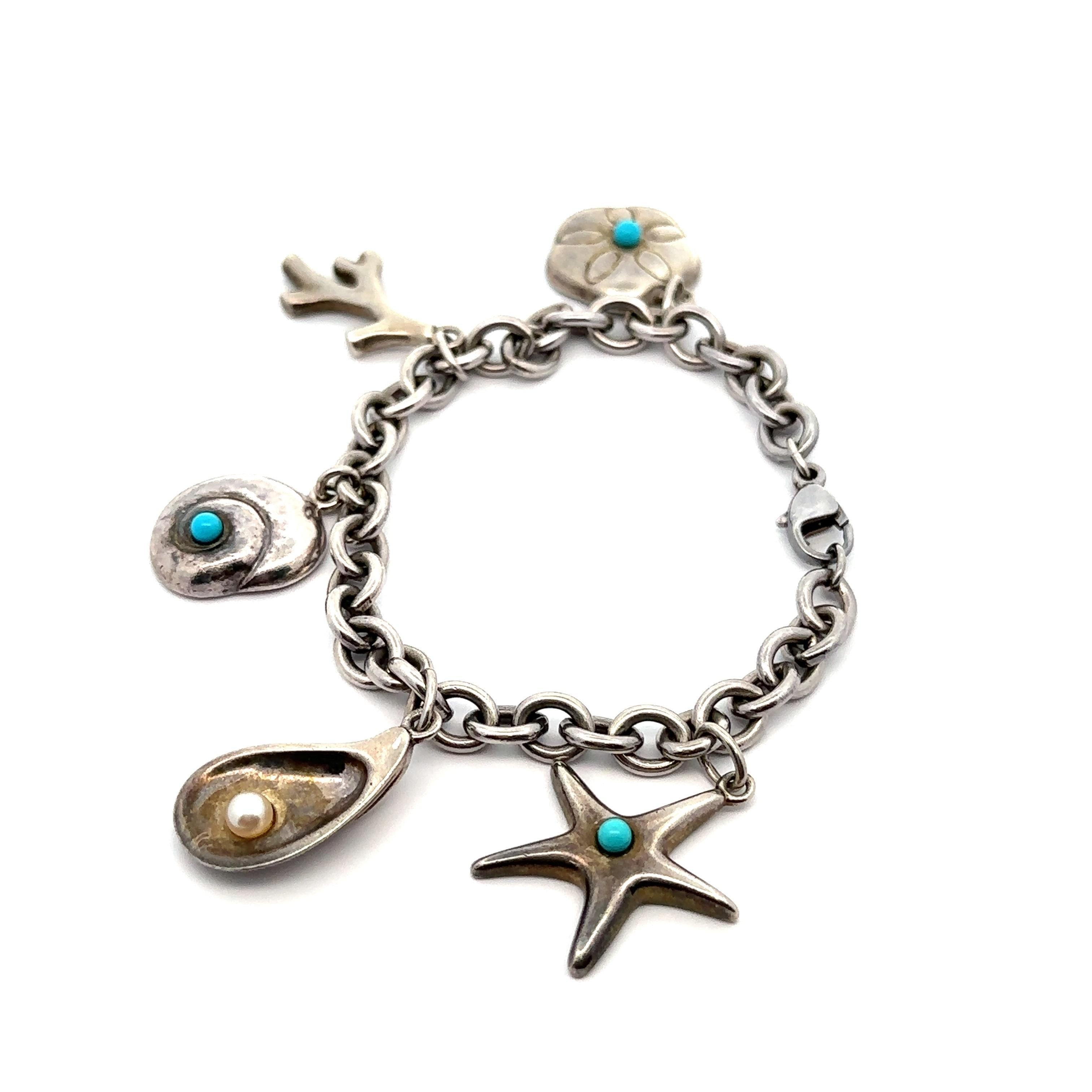 Round Cut Tiffany & Co. Silver Turquoise and Pearl Sea Life Charm Link Bracelet w/ Pouch For Sale