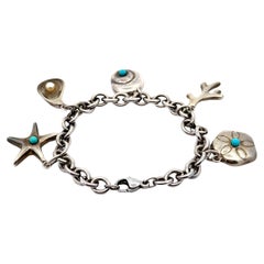 Tiffany & Co. Silber Türkis und Perle Meeresleben Charm Gliederarmband mit Beutel