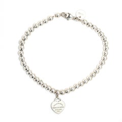 Tiffany & Co Small Bead Bracelet with Heart Charm, Sterling Silver, 6.5 Inches