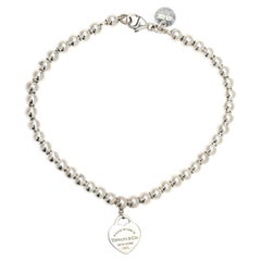 Tiffany & Co Small Bead Bracelet with Heart Charm, Sterling Silver, 6.5 Inches