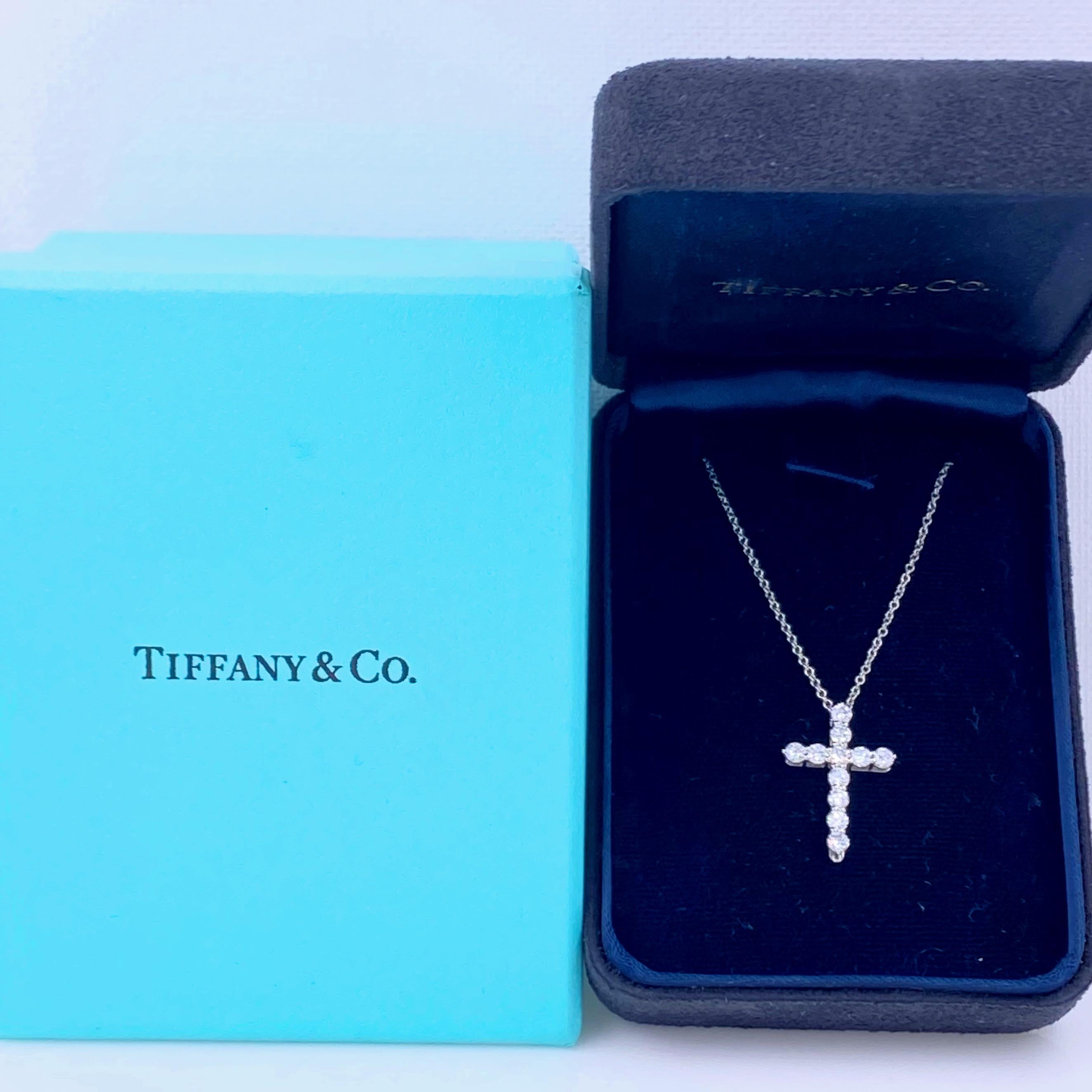 Round Cut Tiffany & Co. Small Diamond Cross 0.47 Carat Platinum Pendant Necklace