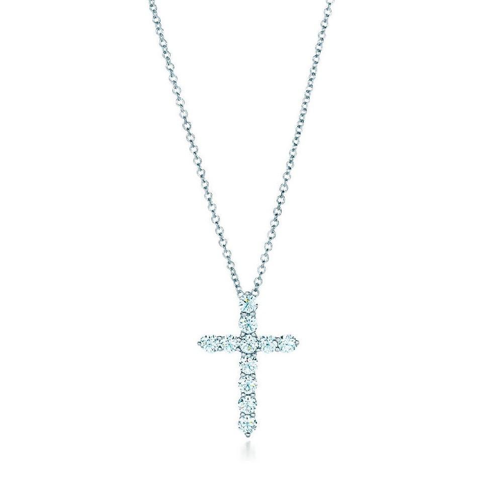 Women's or Men's Tiffany & Co. Small Diamond Cross 0.47 Carat Platinum Pendant Necklace