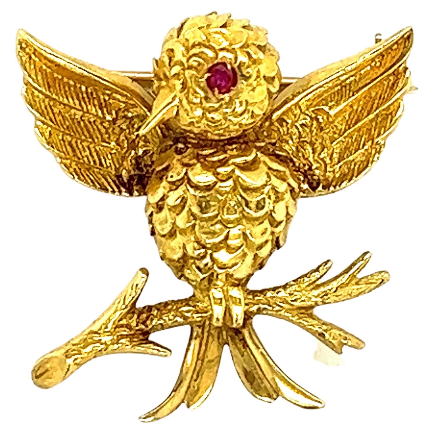 Tiffany & Co. Small Ruby 18k Yellow Gold Bird Brooch