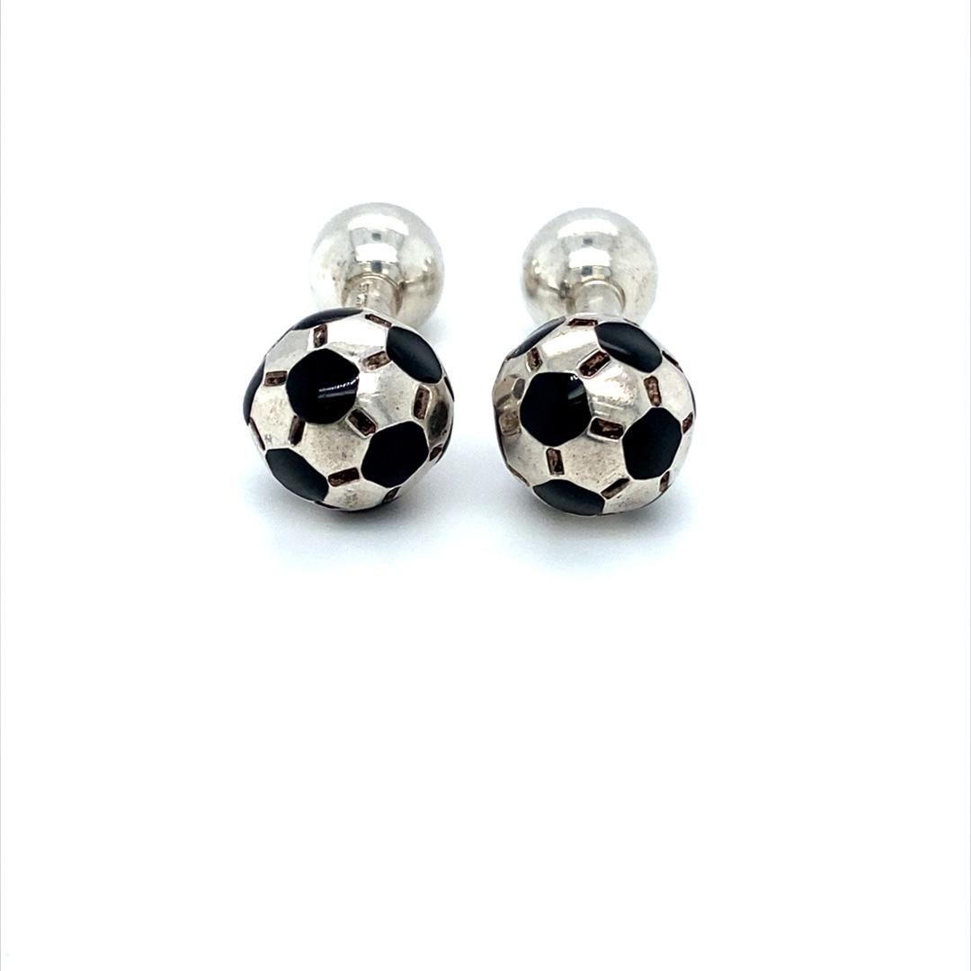 Item Details:
Metal Type: Sterling Silver
Weight: 20.6 grams
Measurements: 1.10 inch 

Features:
This item is from the 1990s
Very Well Made and Well Kept, Great Condition
Vintage Soccer Ball Cufflinks crafted in Sterling Silver 
Features Black