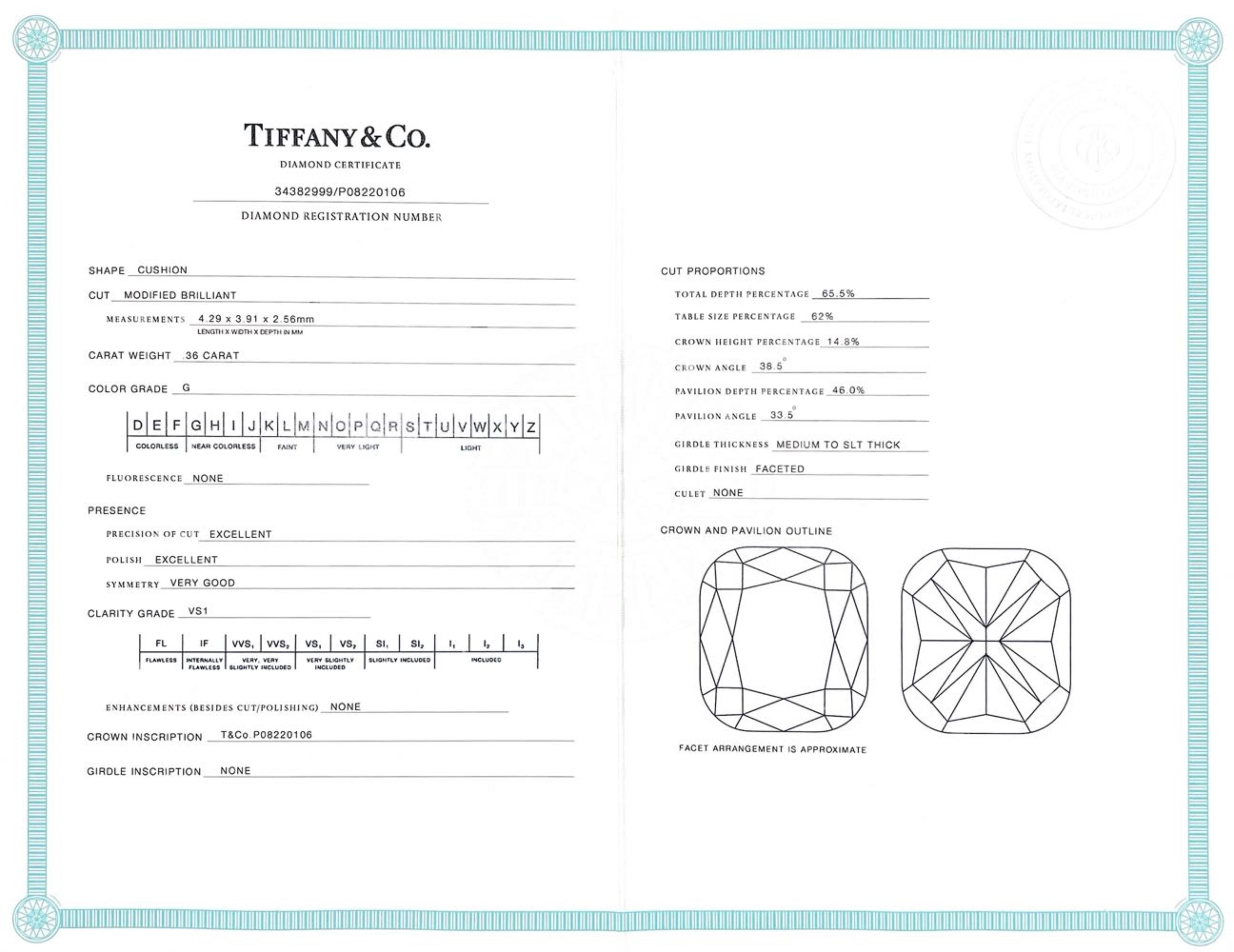 Women's Tiffany & Co. Soleste 0.36ct G VS1 Cushion Natural Diamond Halo Engagement Ring For Sale