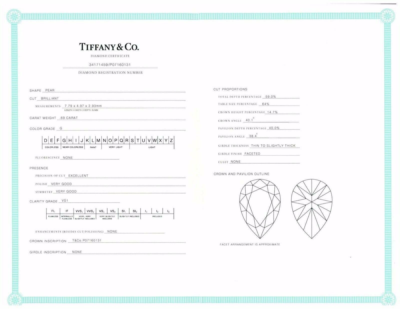 Women's or Men's Tiffany & Co. Soleste 1.09 Carat TW G-VS1 Pear Shape Engagement Ring in Platinum