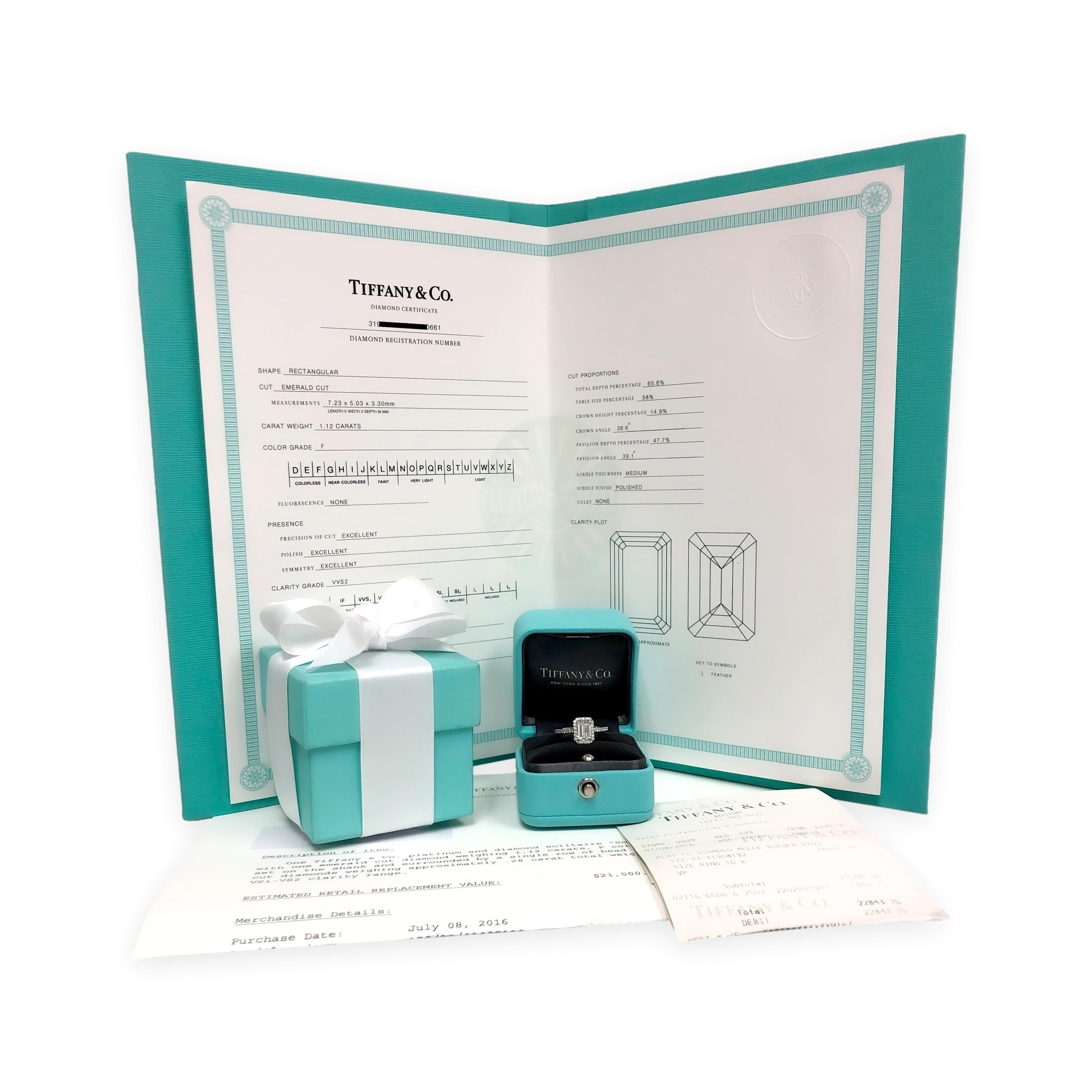 Tiffany & Co. Soleste 1.12 Ct Center Emerald Cut Halo Engagement Ring - F VVS2 5