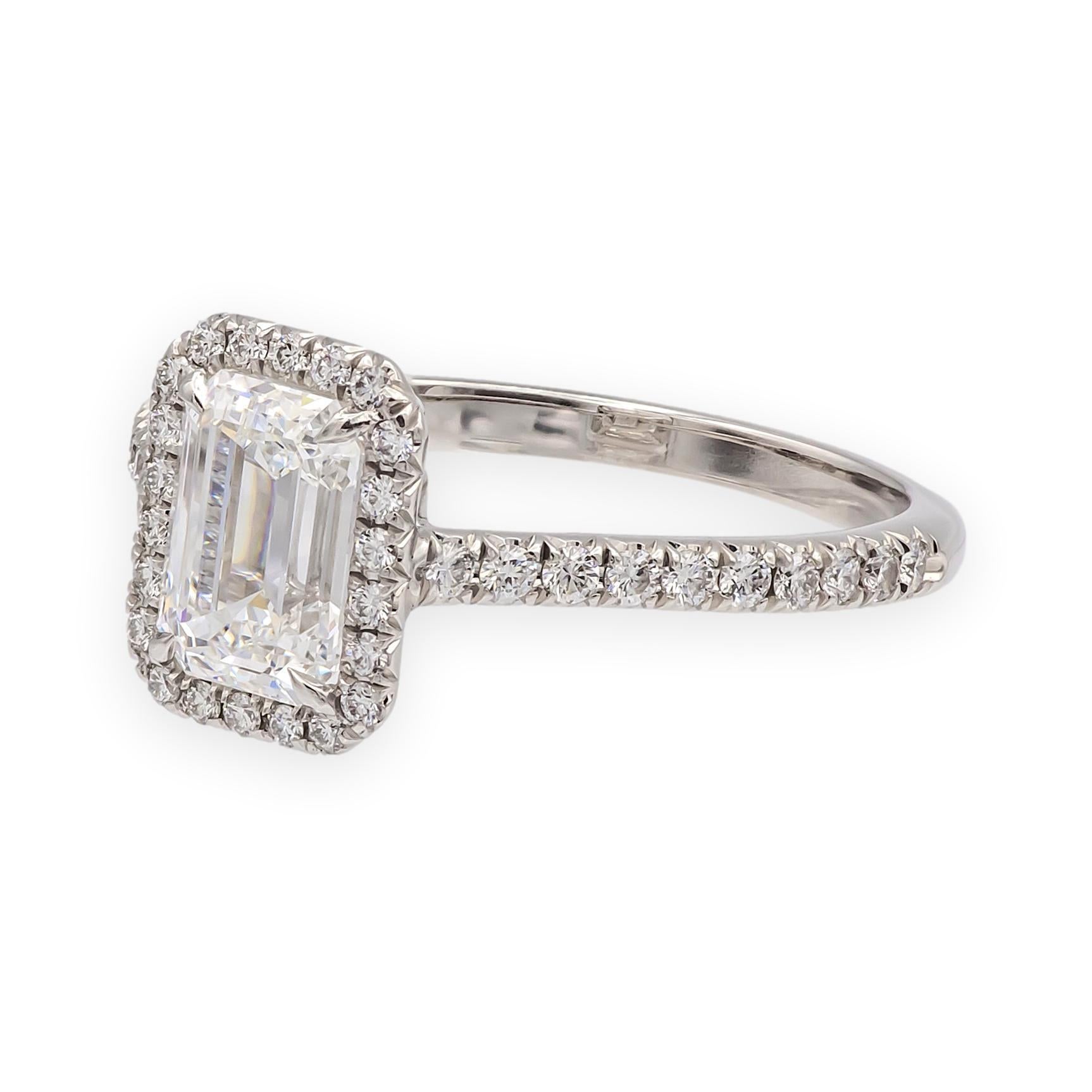 Contemporary Tiffany & Co. Soleste 1.12 Ct Center Emerald Cut Halo Engagement Ring - F VVS2